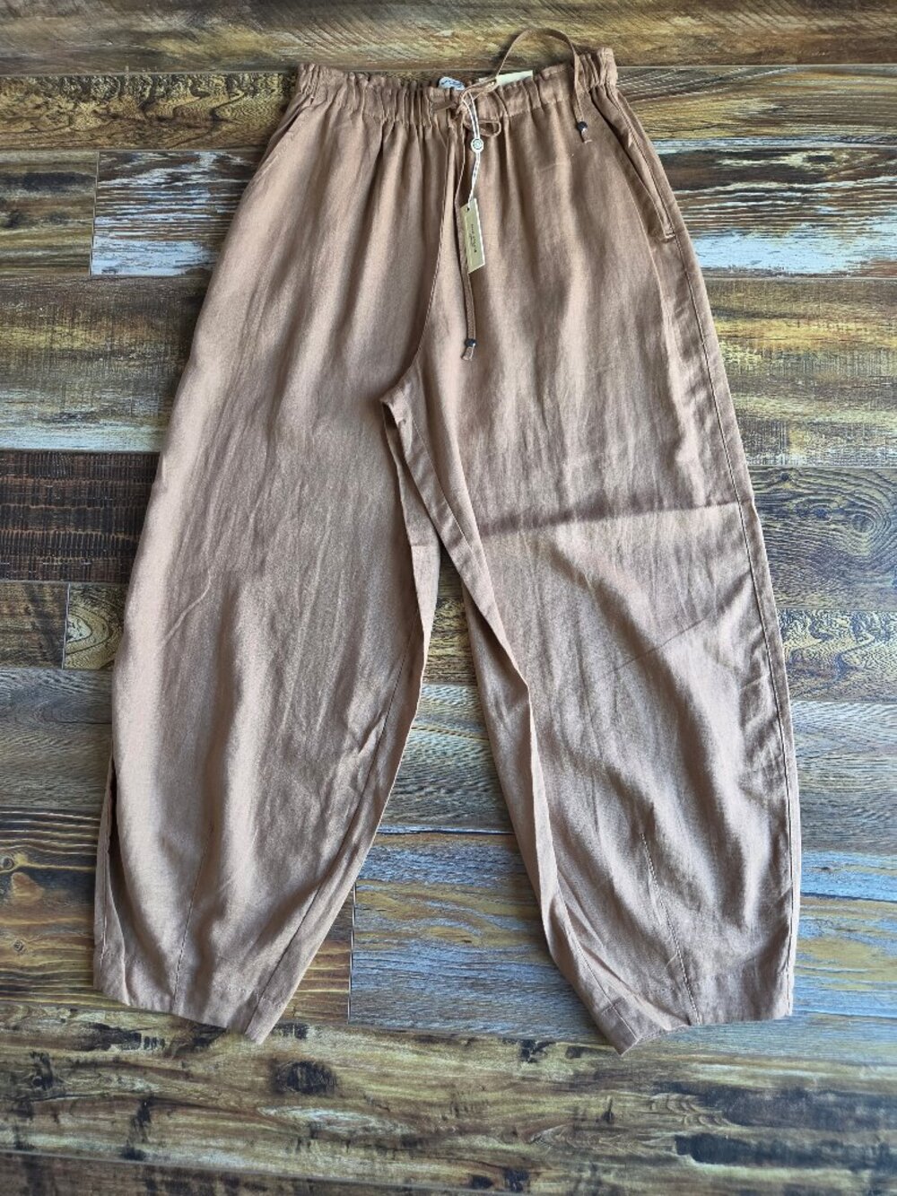 NEW Max Studio Lantern Trousers Ankle Linen Blend Elastic Waist Pocket Brown